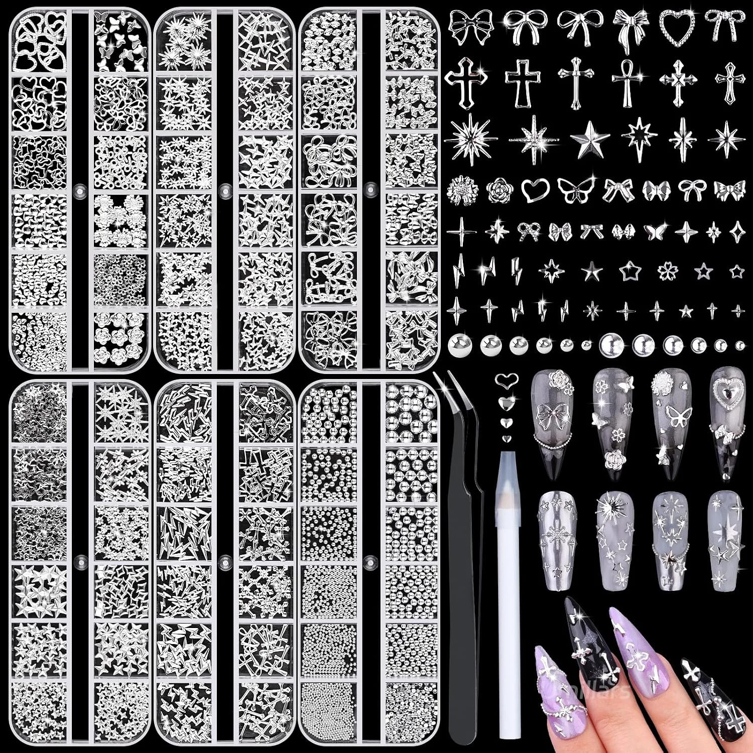 6 Boxes Silver Star Nail Charms with Nail Pearls Metal Nail Gems for Nails 6 Boxes Silver Star Nail Charms with Nail Pearls Metal Nail Gems for Nails
