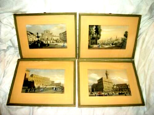 19th Century French Engraving Prints HP Embellished 1890s Framed Set 4 Antique