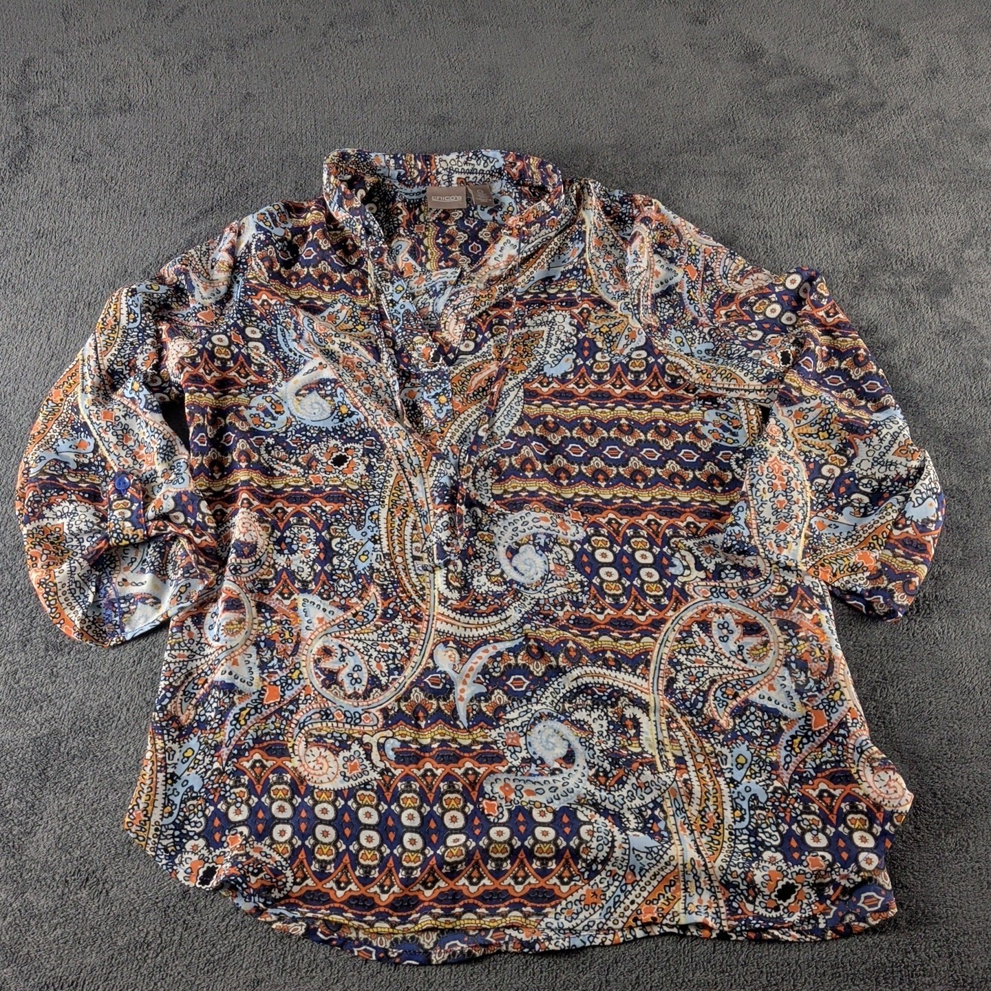 Chico\'s Additions Women\'s Paisley Blouse Size 0 (S) Blue/Multicolor 3/4 Sleeve