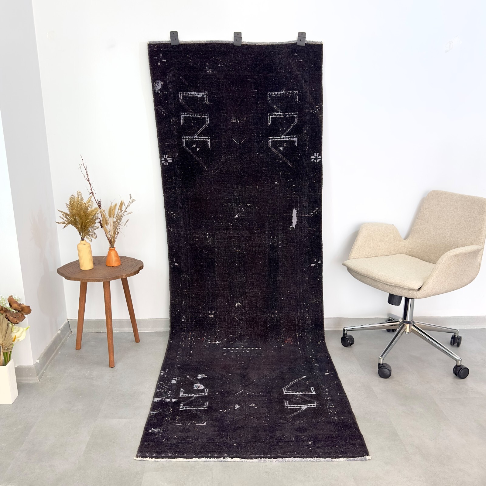 3x8 Vintage Turkish Rug Runner, Handmade Wool Rug, Oushak Rug, Black Navy Blue 3x8 Vintage Turkish Rug Runner, Handmade Wool Rug, Oushak Rug, Black Navy Blue