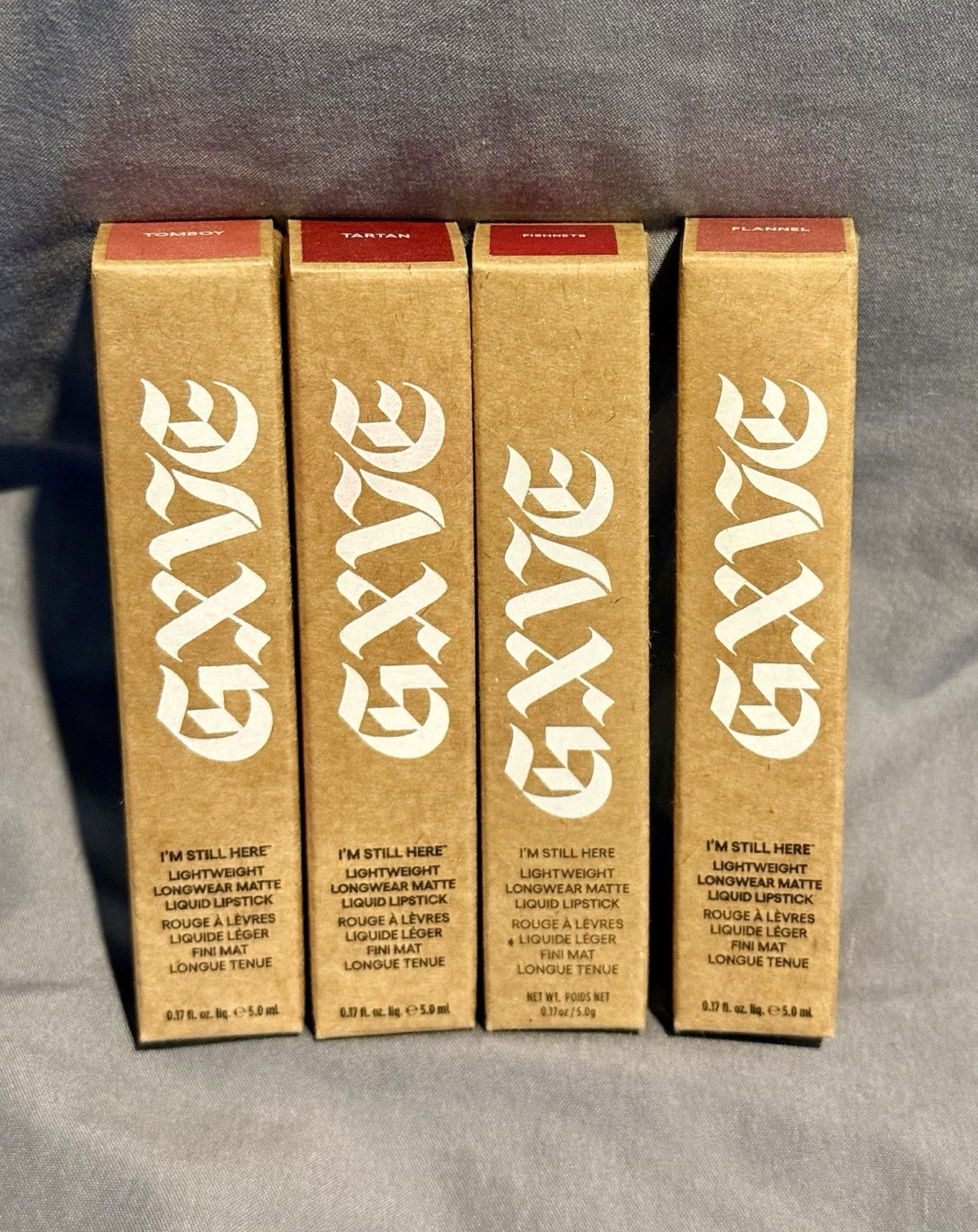 GXVE I\'m Still Here liquid lipstick.  4 colors. Flannel, Tartan, Tomboy Fishnets