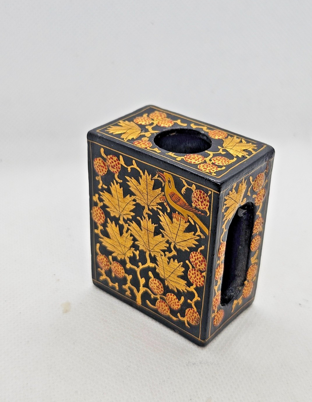 Antique Japanese Lacquered Wood Matchbox Holder Gold Bird & Foliage Meiji Style