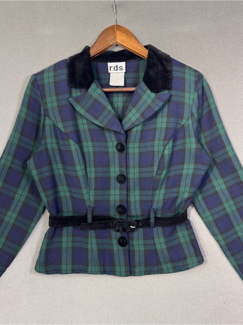 Vintage 90’s Green & Navy Plaid Belted Jacket w/ Shoulder Pads and Buttons, S Vintage 90’s Green & Navy Plaid Belted Jacket w/ Shoulder Pads and Buttons, S