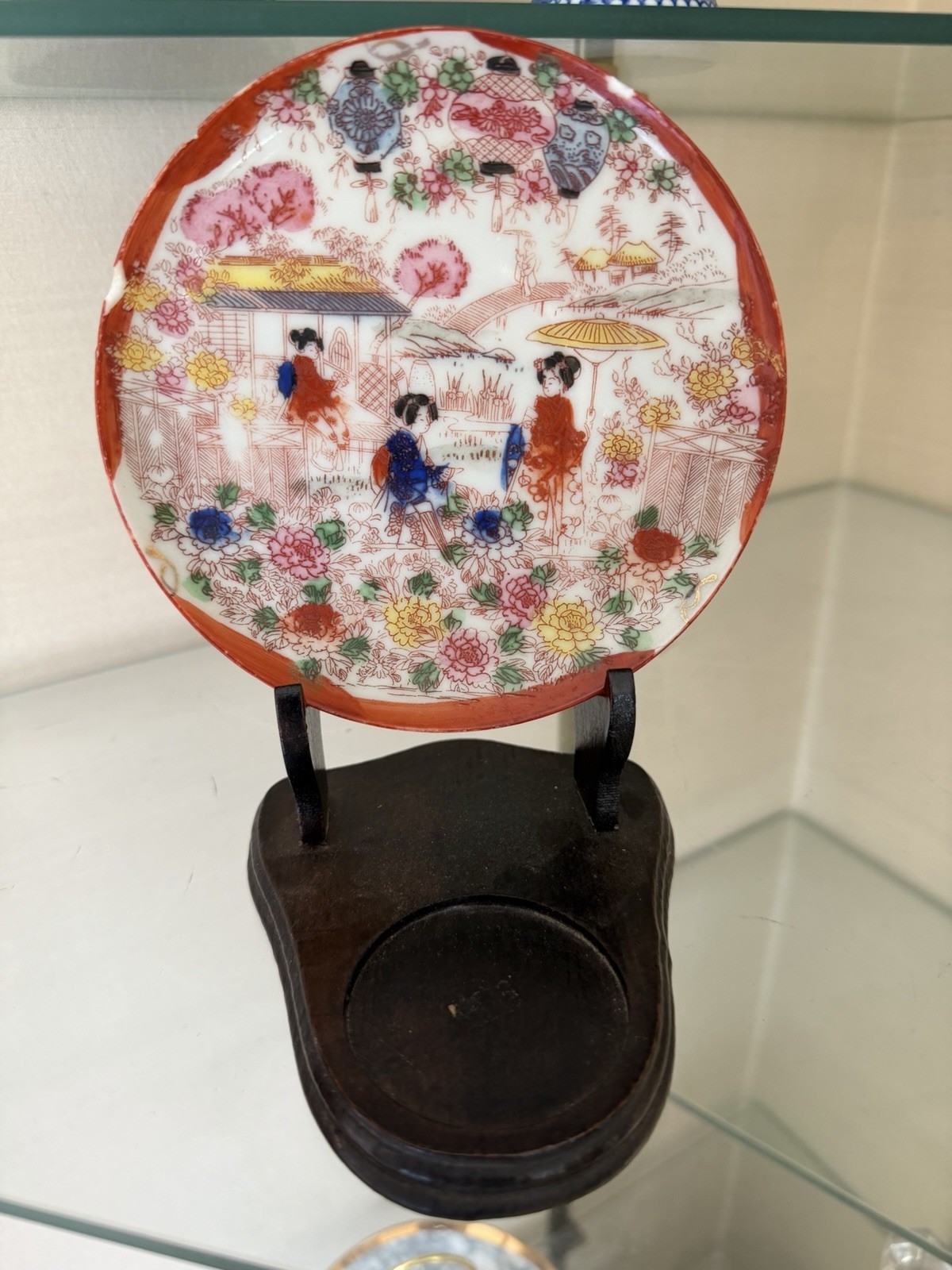 Vintage Japanese Porcelain Geisha Plate Hand Painted Figures Floral Red Rim Vintage Japanese Porcelain Geisha Plate Hand Painted Figures Floral Red Rim
