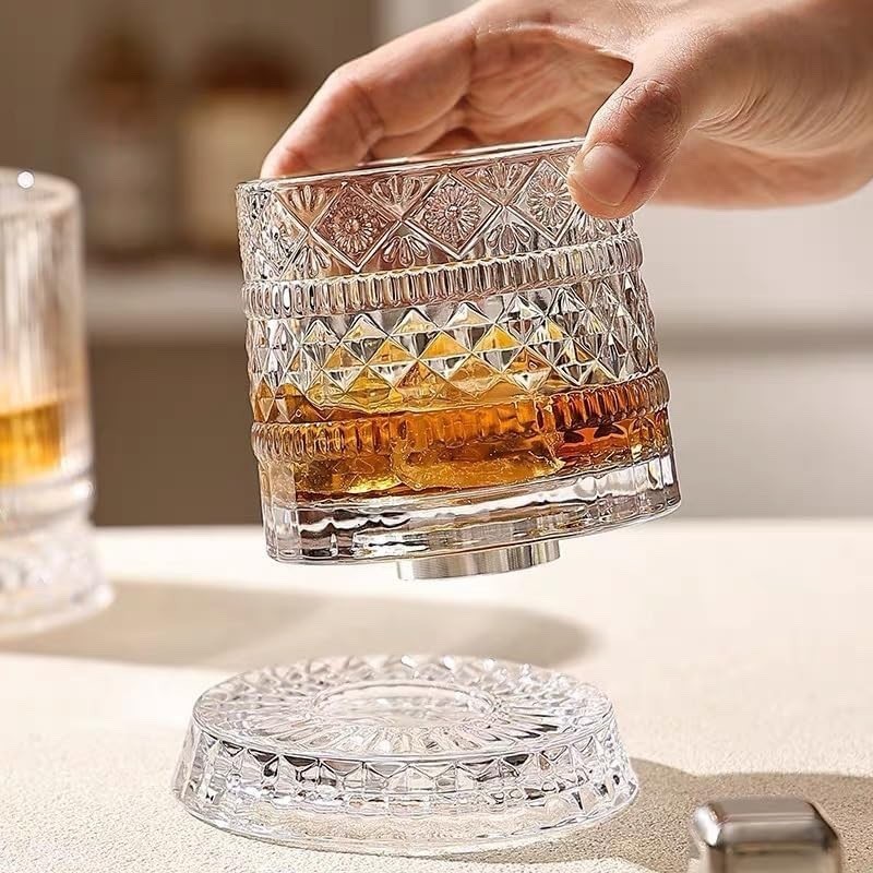 360° Rotating Whiskey Glass Spinning Crystal Bourbon Tumbler Old Fashioned Scotc