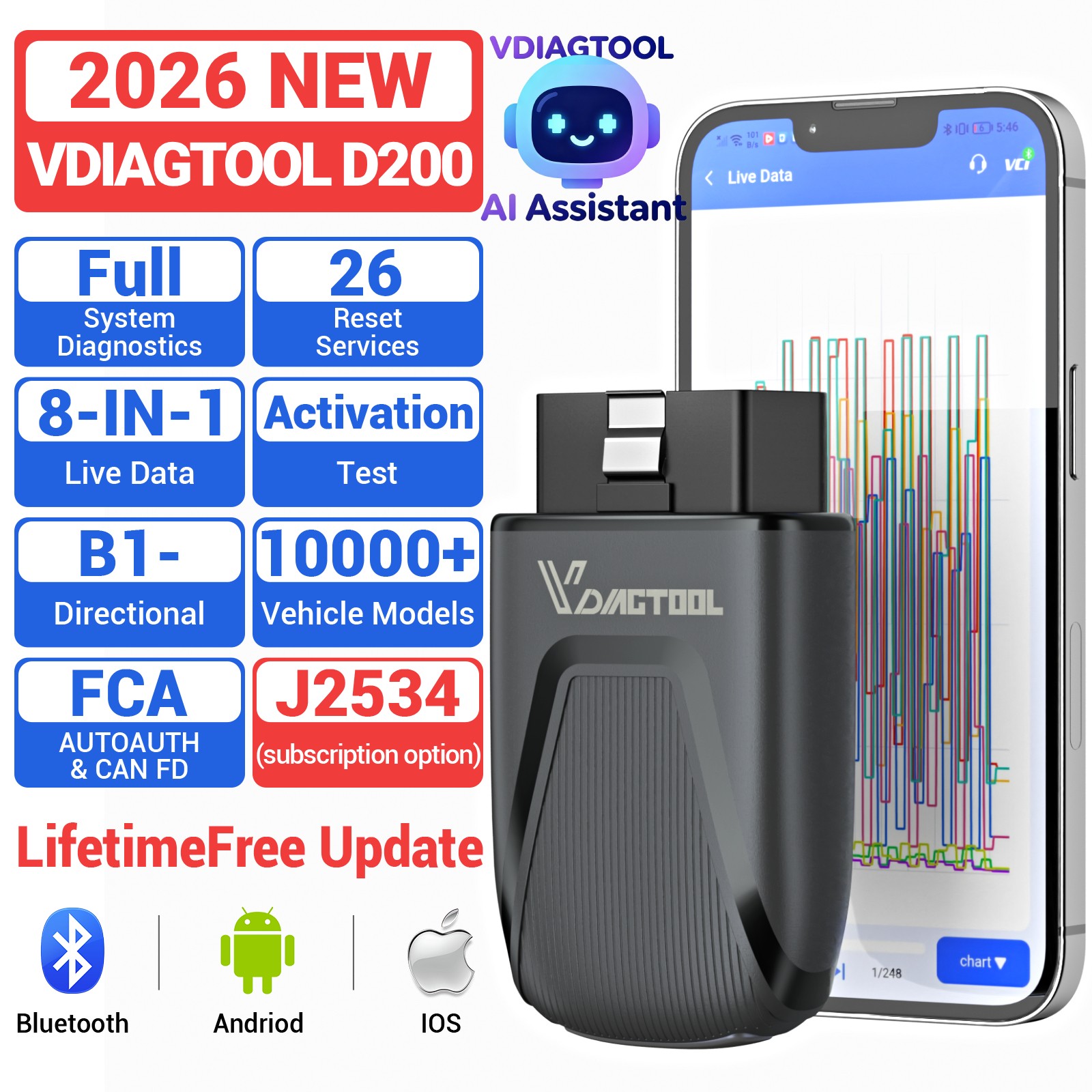 VDIAGTOOL D200 OBD2 Scanner Bluetooth Bidirectional Scan Tool with Free Updates