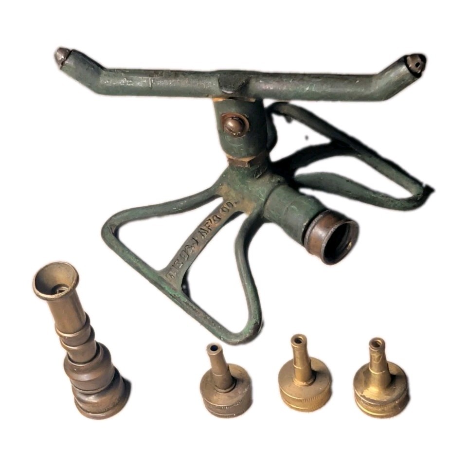Vintage Working Cast Iron Garden Sprinkler and Brass Hose Nosils Made In USA