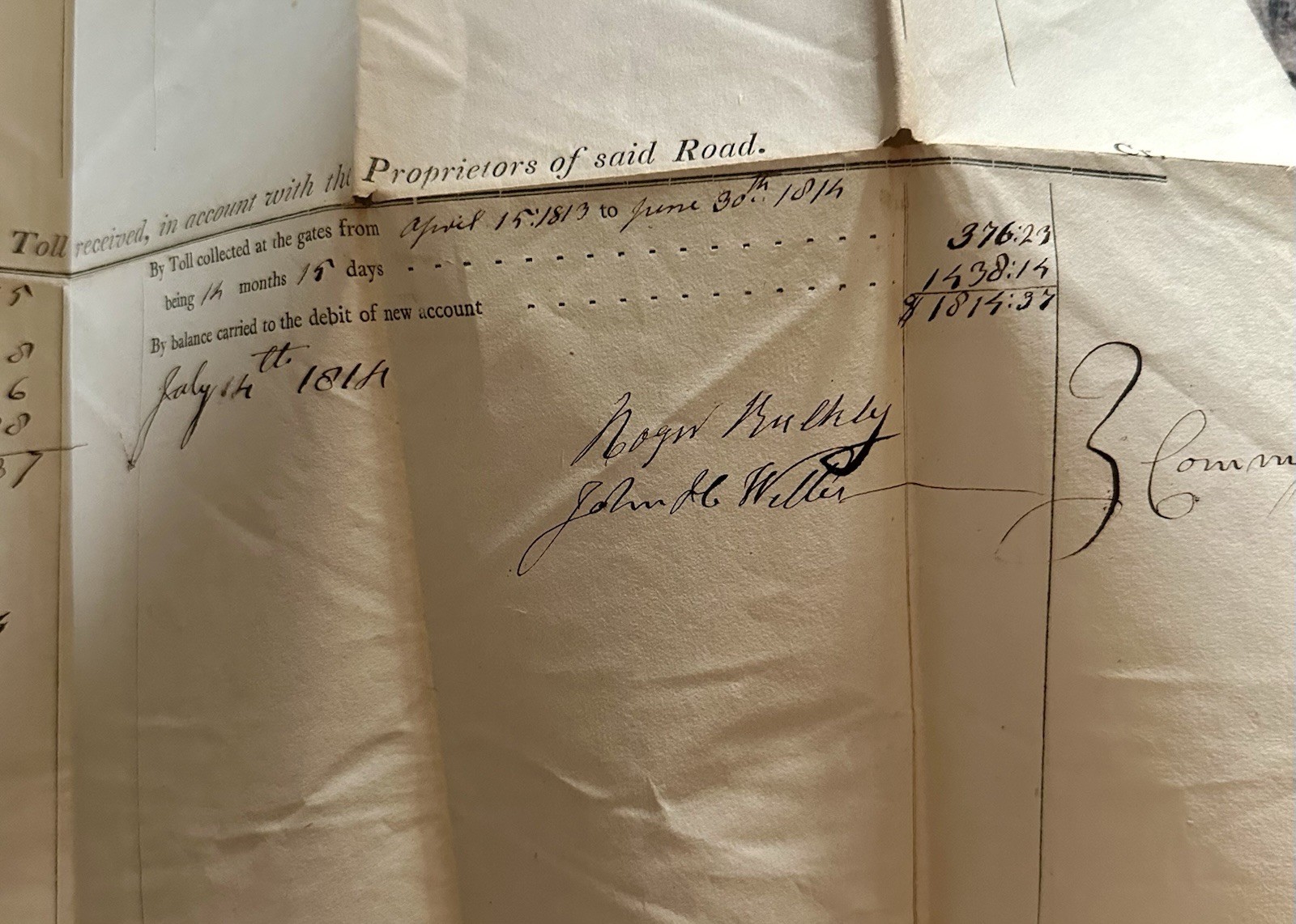 1814 Columbia Turnpike Account Signed Revolutionary War Major Roger Bulkeley CT