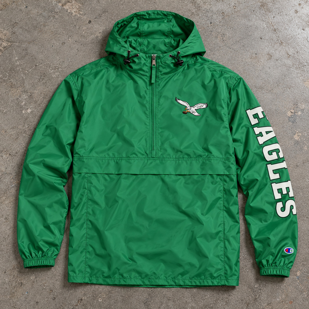  Philadelphia Eagles Champion Packable Hooded Windbreaker Half-Zip Jacket, Green