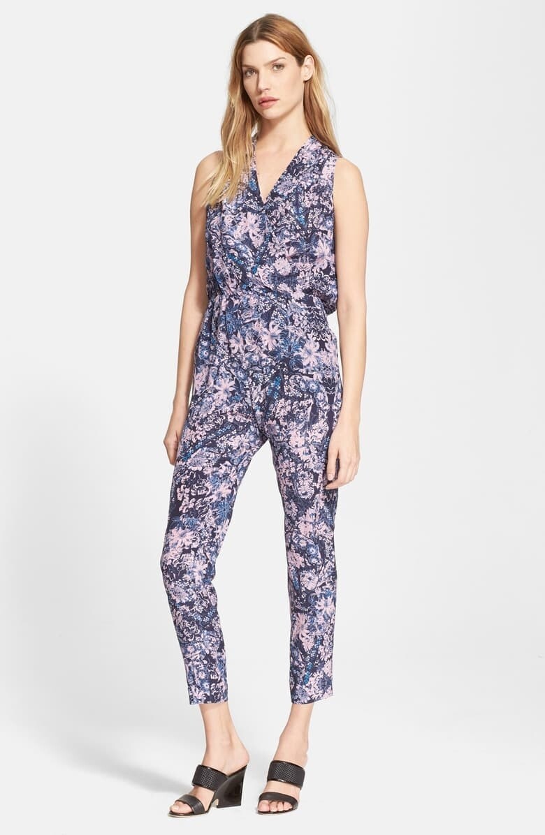 Rebecca Taylor Women\'s 241071 Kiku Print Silk Jumpsuit Blue Size 4