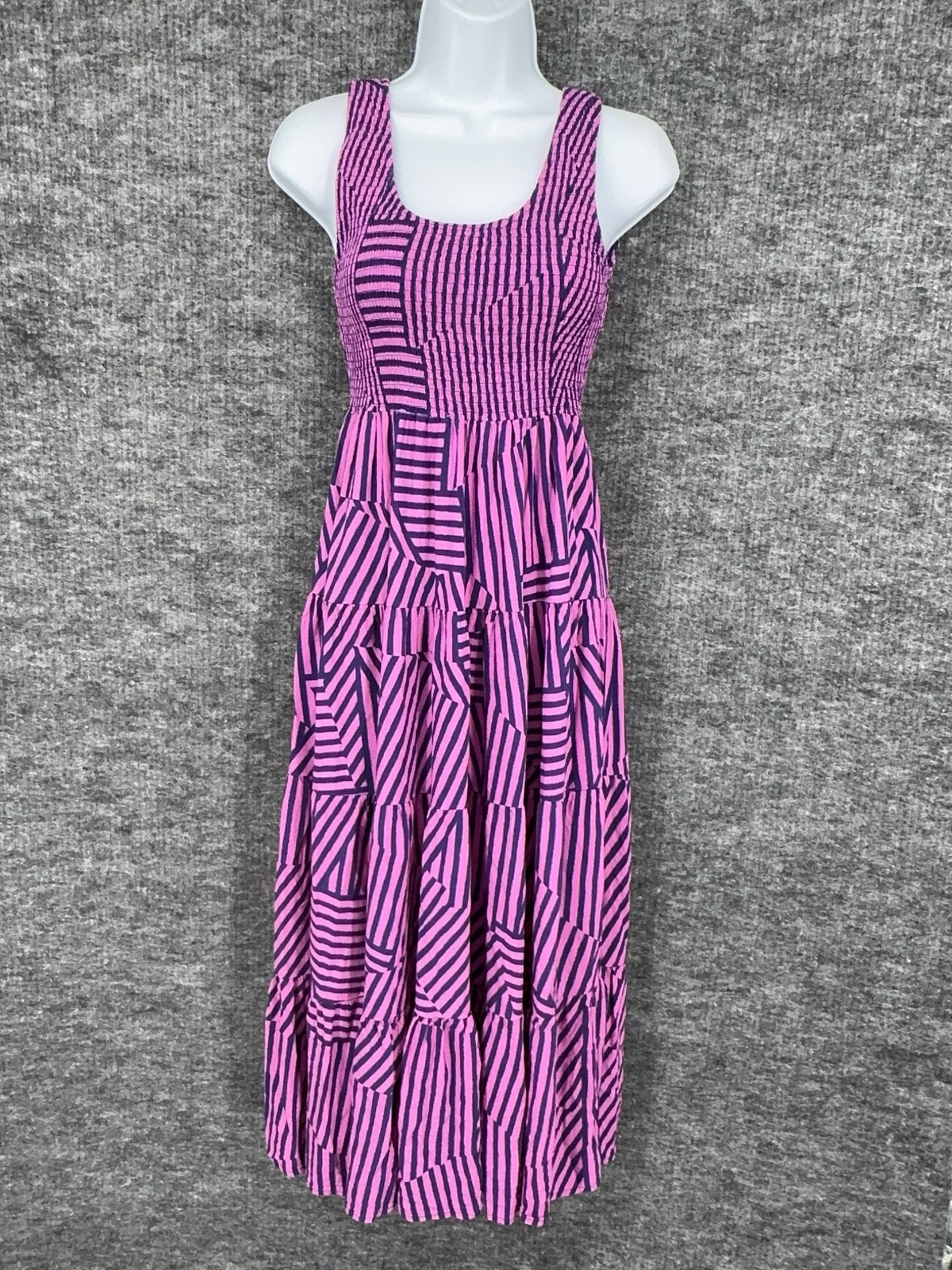 Mister Zimi Dress Womens 2 Pink Stripe Scoop Neck Smocked Tiered Midi Sundress