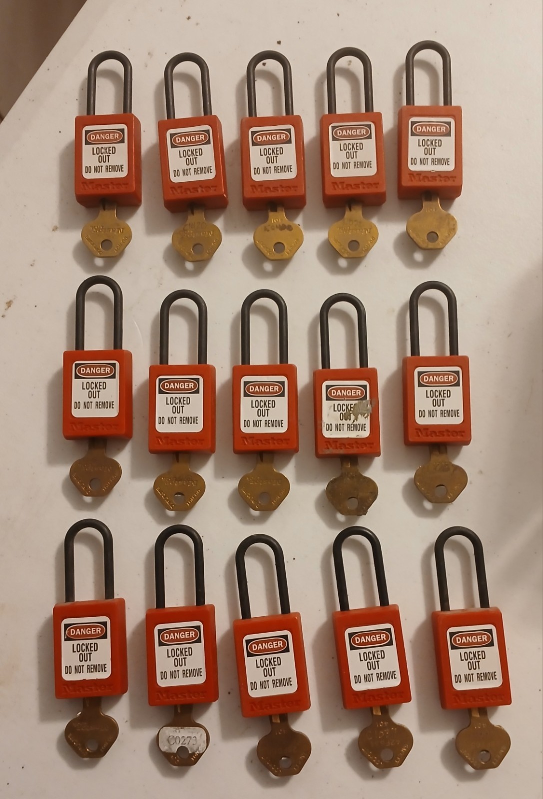Master Lock 410 Red Lockout Padlocks, Keyed Different. (Lot of 15) 