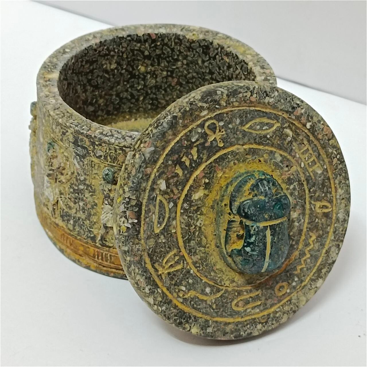 Handmade Egyptian scarab box, stone-look pharaonic decor, unique gift
