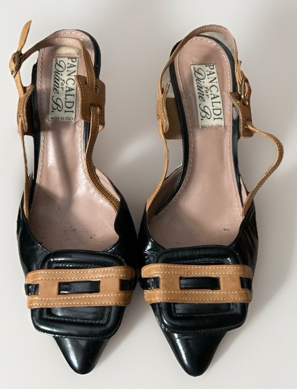 Pancaldi Diane B Italy Leather Slingback Heels Black Tan 38.5 Kitten Pointed Toe Pancaldi Diane B Italy Leather Slingback Heels Black Tan 38.5 Kitten Pointed Toe