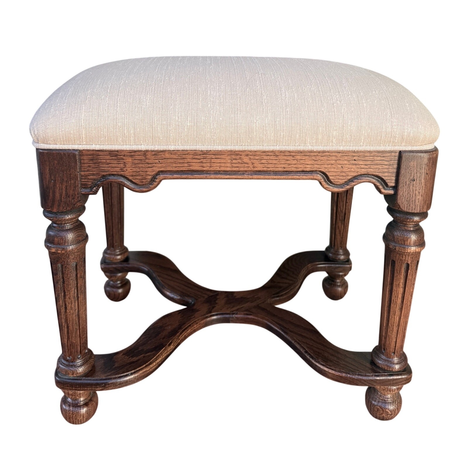 Vintage Oak Footstool Upholstered Vanity Bench Ottoman Knob Creek Carved Wood