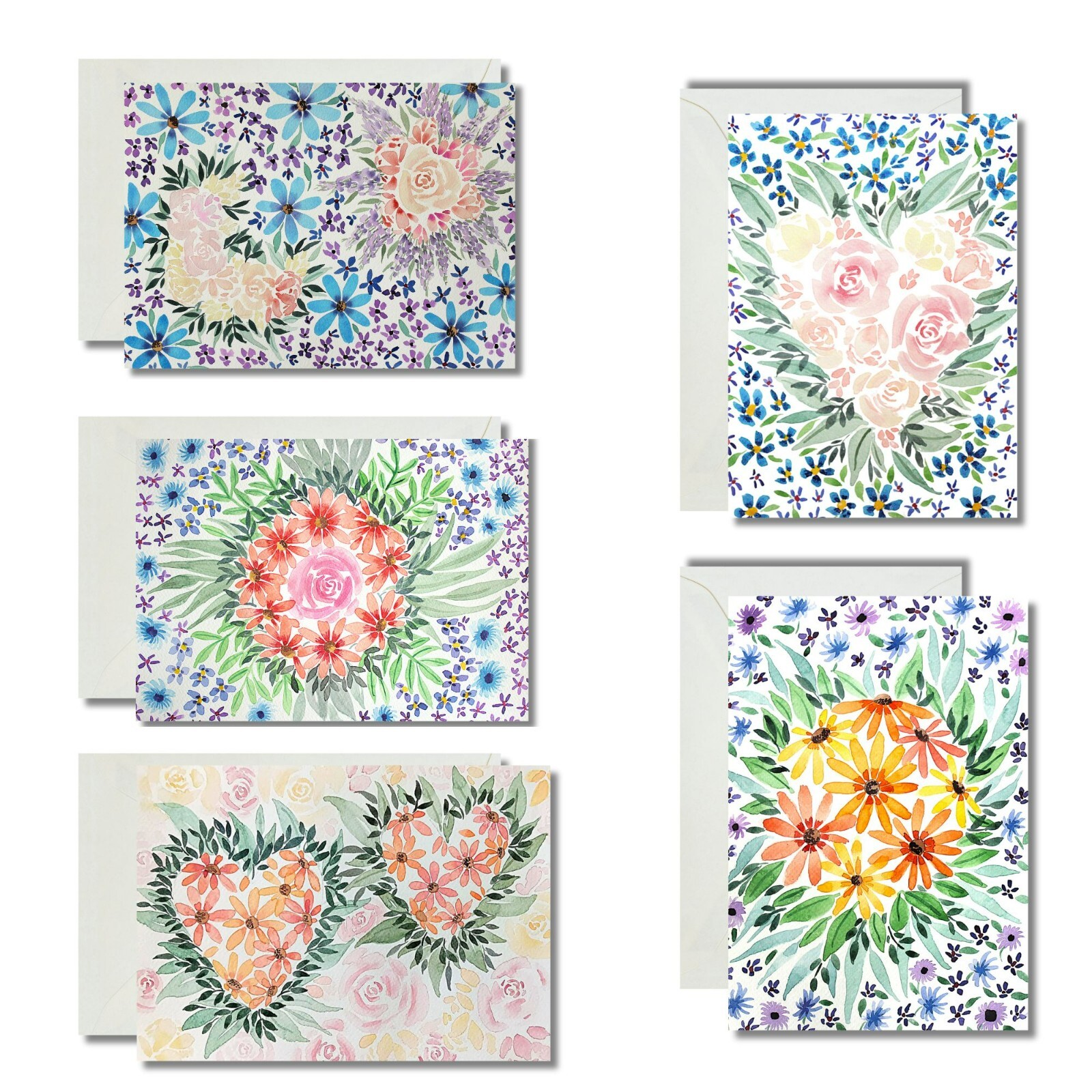 Colorful watercolor flowers greeting cards: set of 5 cards with envelopes