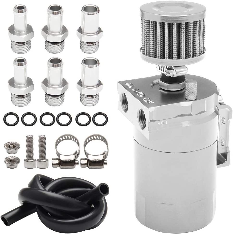 Silver Oil Catch Can Kit Reservoir Baffled Tank with Breather Filter Universal