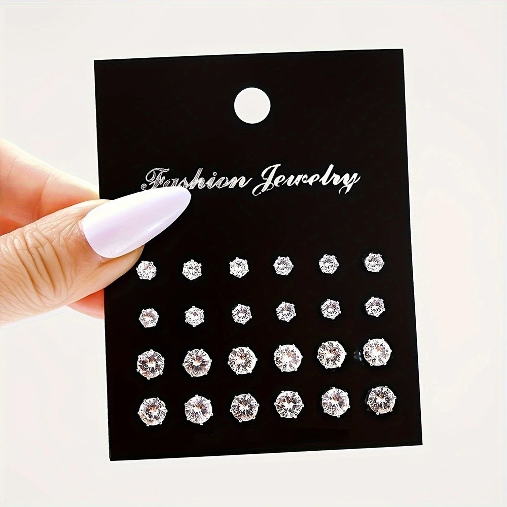 12 Pairs Stainless Steel Silver Stud Earrings Set CZ Round Crystal Men Women Kid 12 Pairs Stainless Steel Silver Stud Earrings Set CZ Round Crystal Men Women Kid