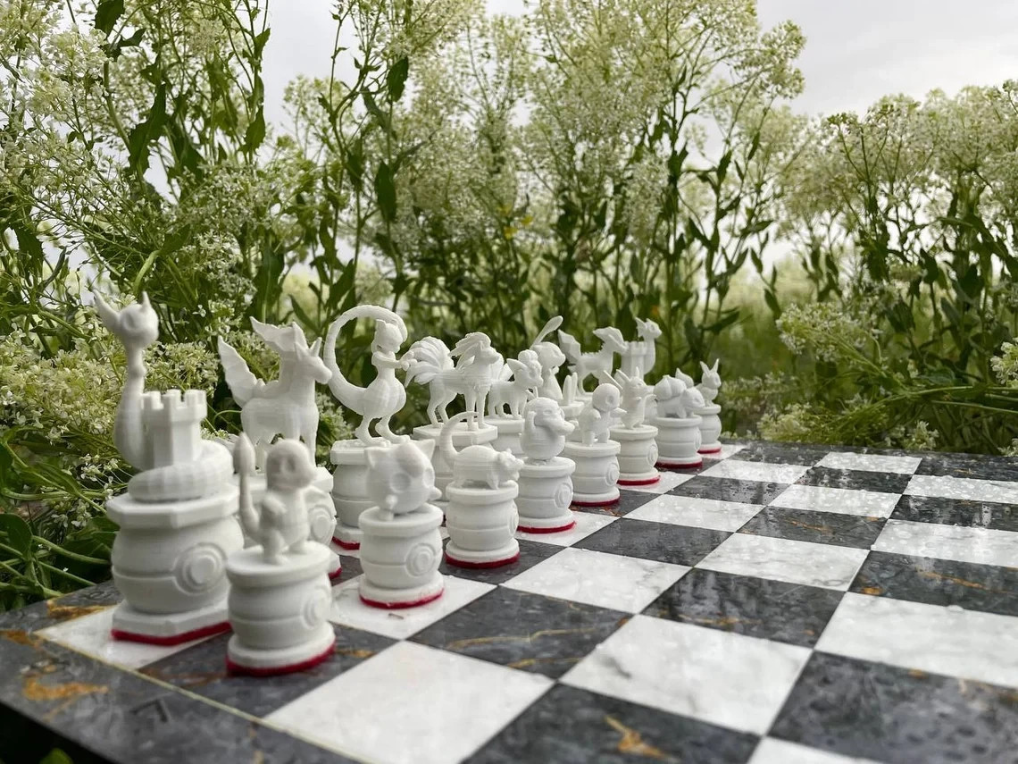 Pokemon Chess Set with Wooden Chessboard – Handmade 3D Anime Pieces Game Set Pokemon Chess Set with Wooden Chessboard – Handmade 3D Anime Pieces Game Set