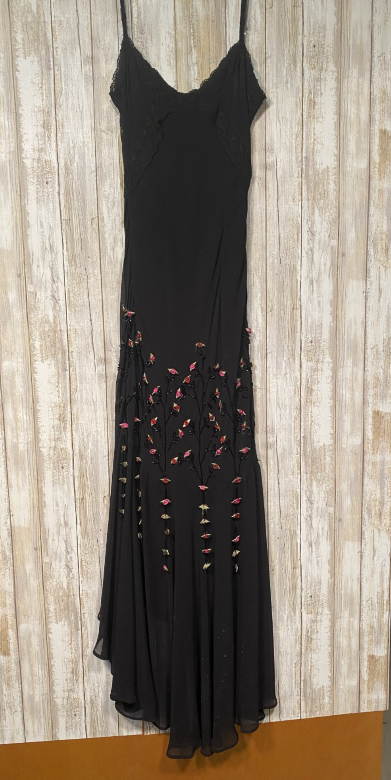 Cache Vintage Y2K Black 100% Silk Slip Dress with Rose Bead Embellishments Sz 2