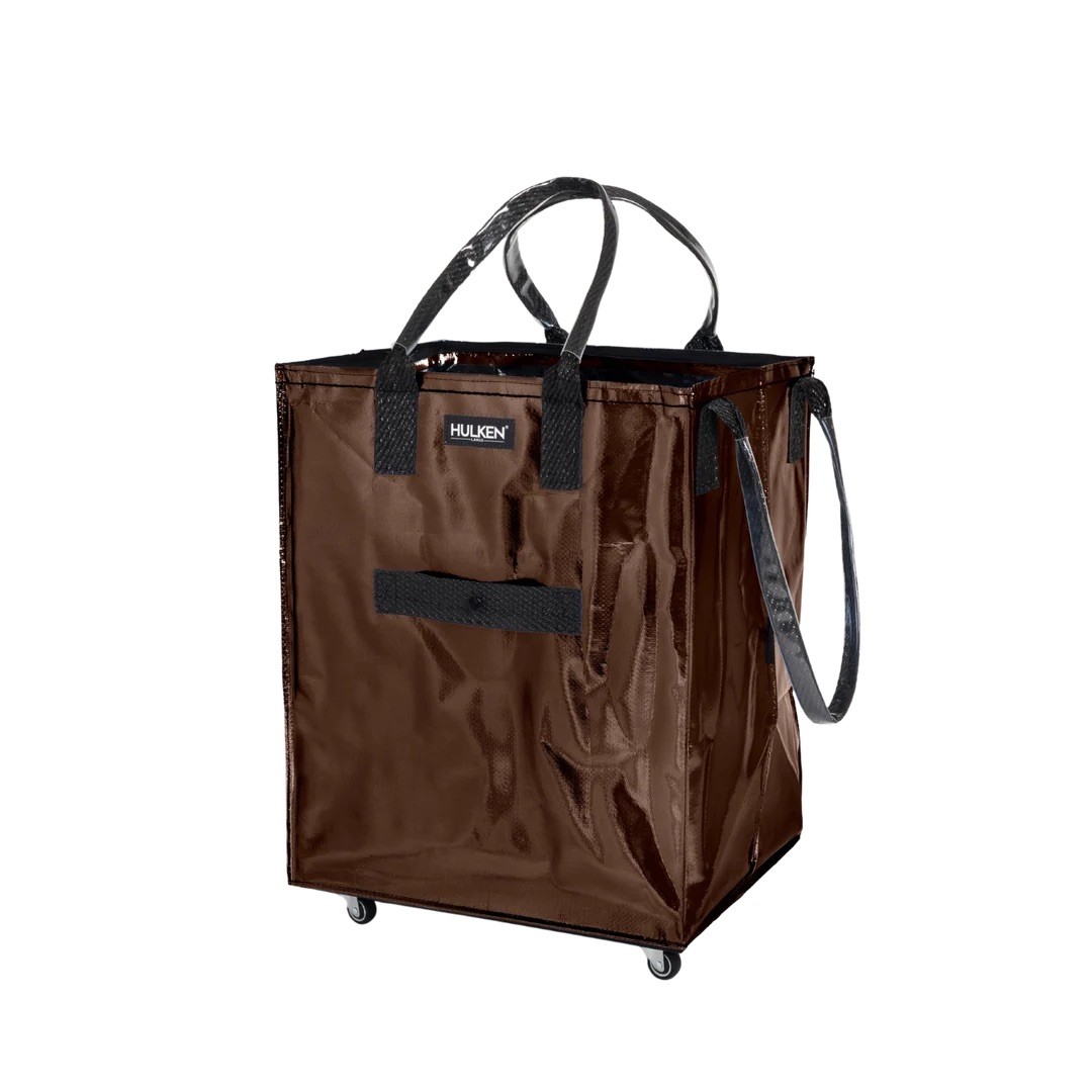 HULKEN Brown Reusable Shopping Bag w/ Wheels, Zip Closure, Polypropylene Large