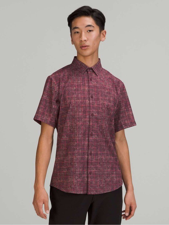 Lululemon Airing Easy Short Sleeve Button Up Shirt L Marker Check Cassis Multi