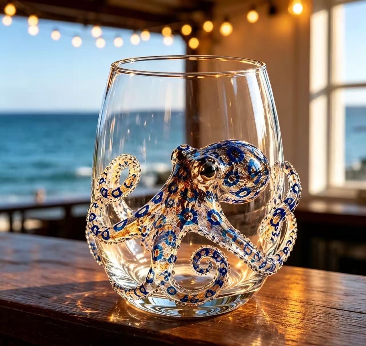 LUXURY NEW Artisanal Blue Ringed Octopus Glassware, 3D Sea Whale Wine Glasses