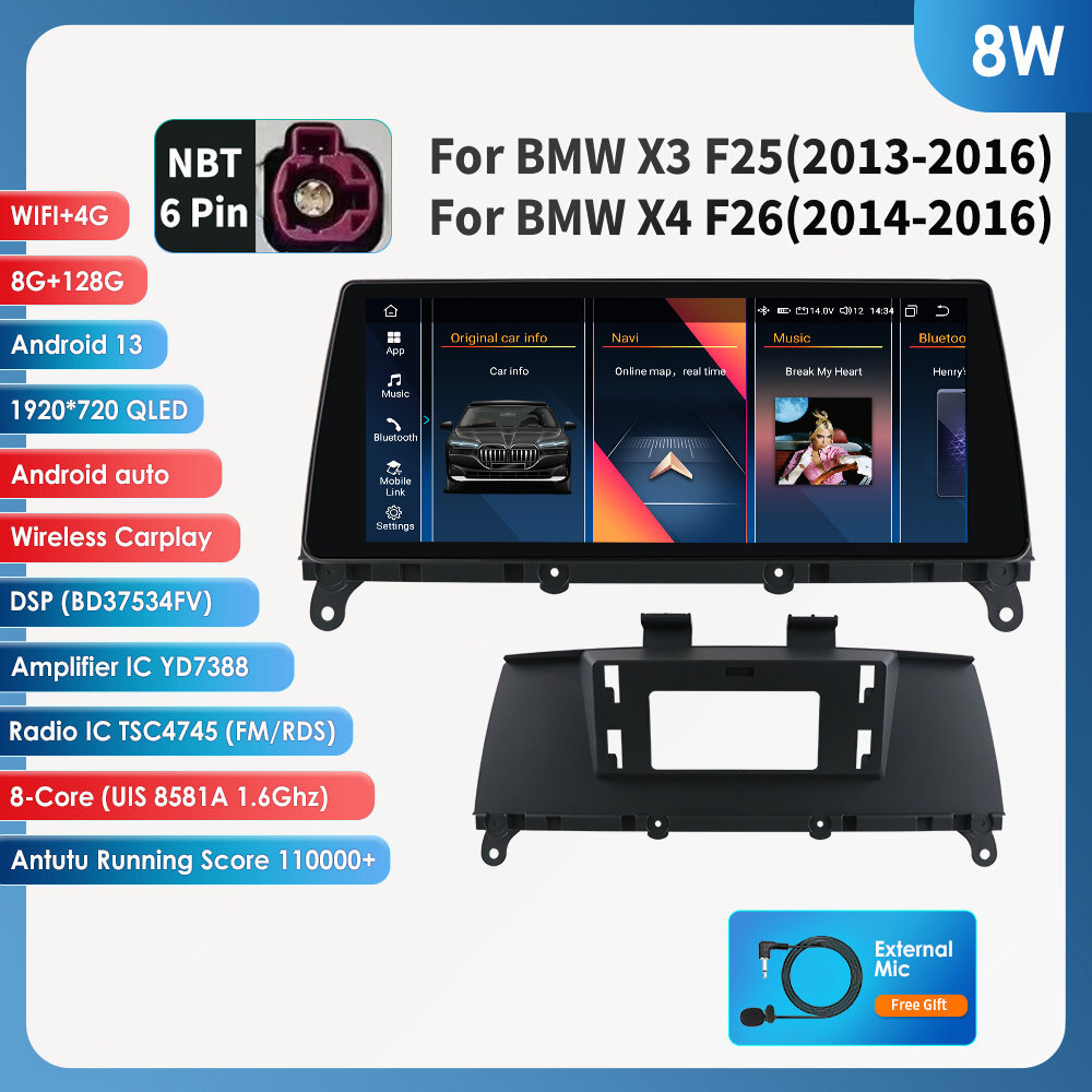 8+128GB Android 14 Carplay GPS Stereo For BMW X3 F25 X4 F26 14-16 NBT Head Unit