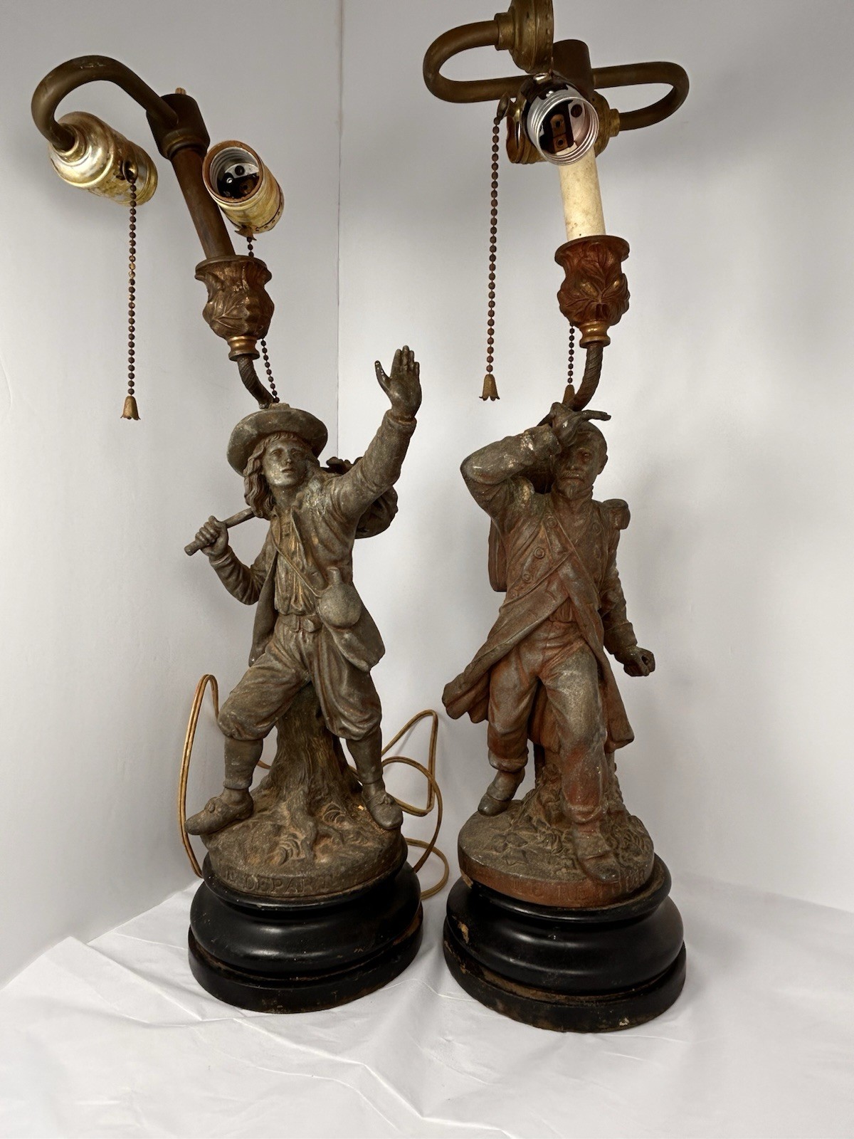 Antique French Figural Lamp Pair Le Depart Le Retour 20” Spelter Wood Base