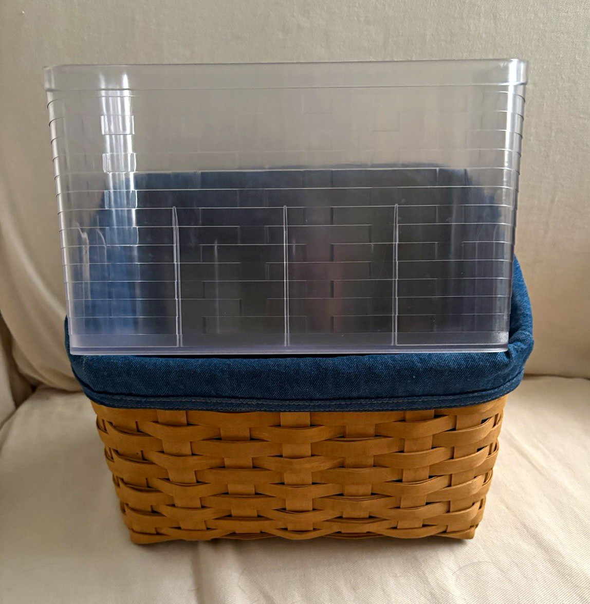Longaberger Handmade Woven Storage Basket w/ Blue Liner & Plastic Lid, Med Longaberger Handmade Woven Storage Basket w/ Blue Liner & Plastic Lid, Med
