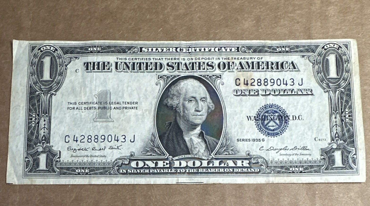 1935 G Series $1 Dollar Bill, Blue Seal, Silver Certificate -off Centered