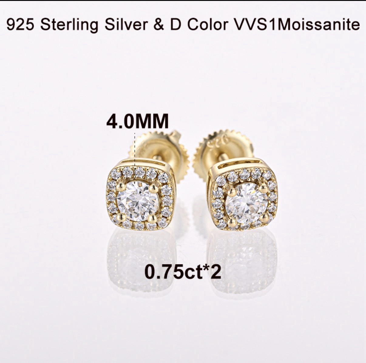 0.75CT Cushion Cut Moissanite Halo Stud Earrings D VVS 10k gold over 925  Silver