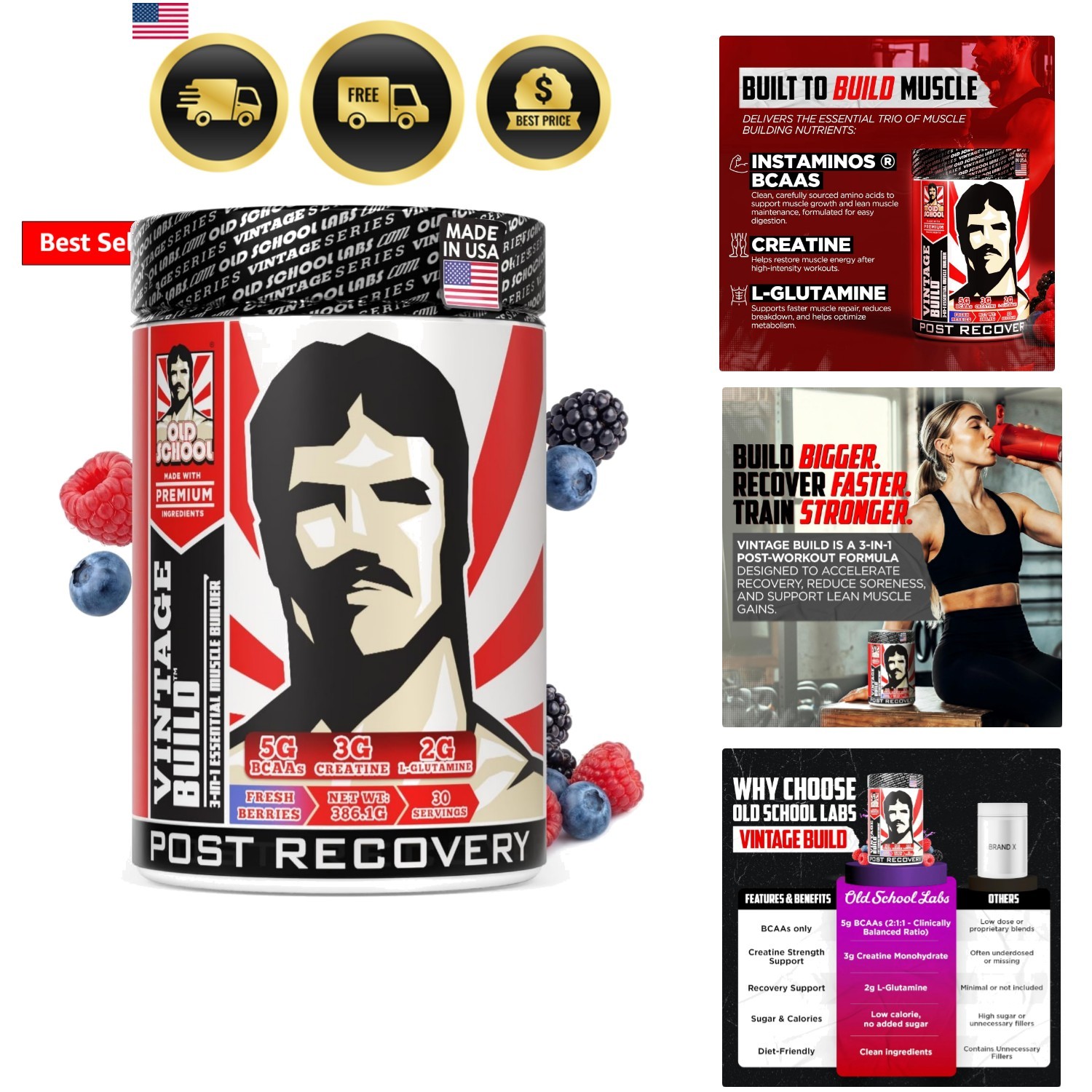 Vintage Build Post-Workout Recovery Powder Drink with BCAAs, Creatine & L-Glu... Vintage Build Post-Workout Recovery Powder Drink with BCAAs, Creatine & L-Glu...