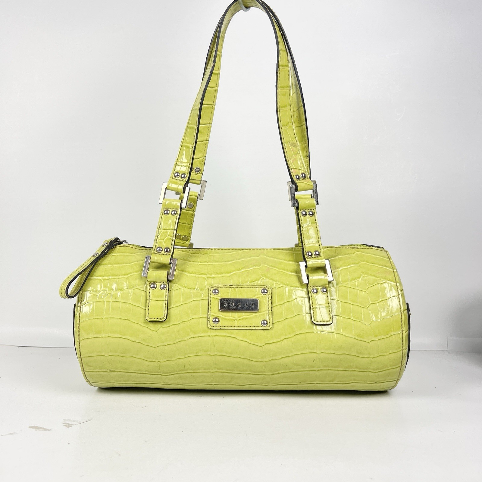 GUESS Y2K Lime Green Croc Embossed Patent Leather Barrel Bag Silver Hardware