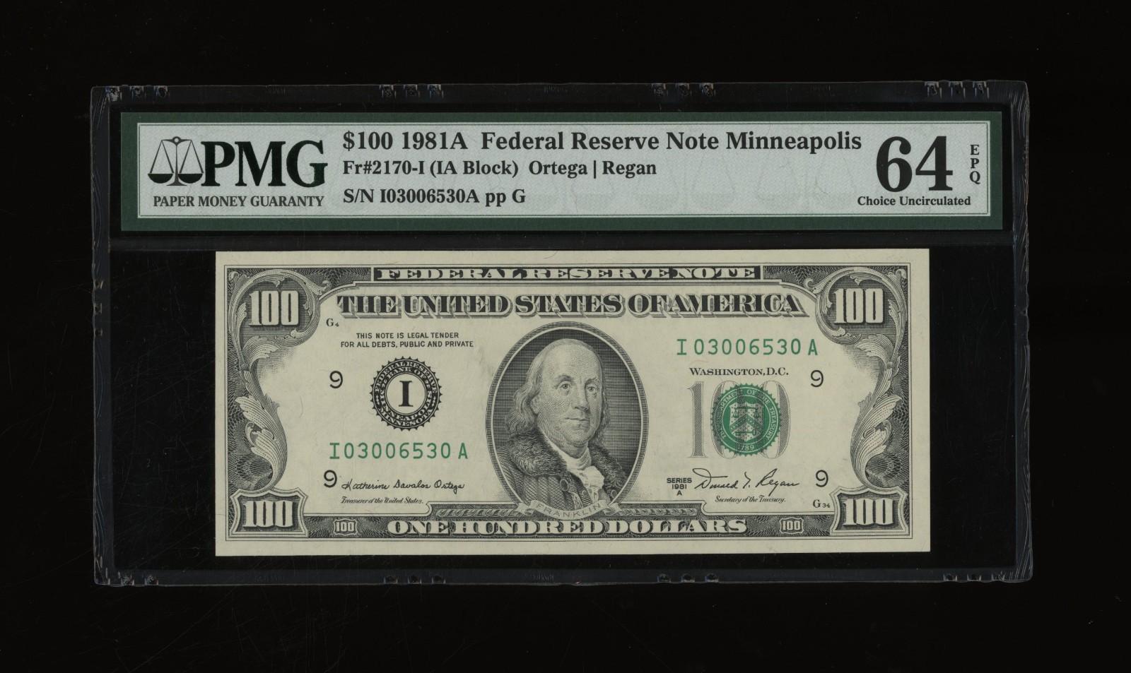DBR 1981-A $100 Minneapolis Fr. 2170-I PMG 64 EPQ Serial I03006530A