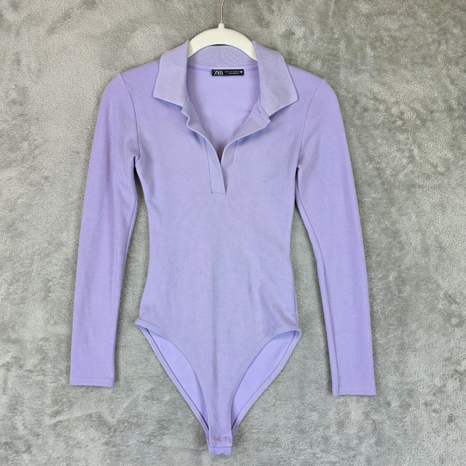 Zara Bodysuit Womens S Purple Long Sleeve Collar V Neck Stretch One Piece