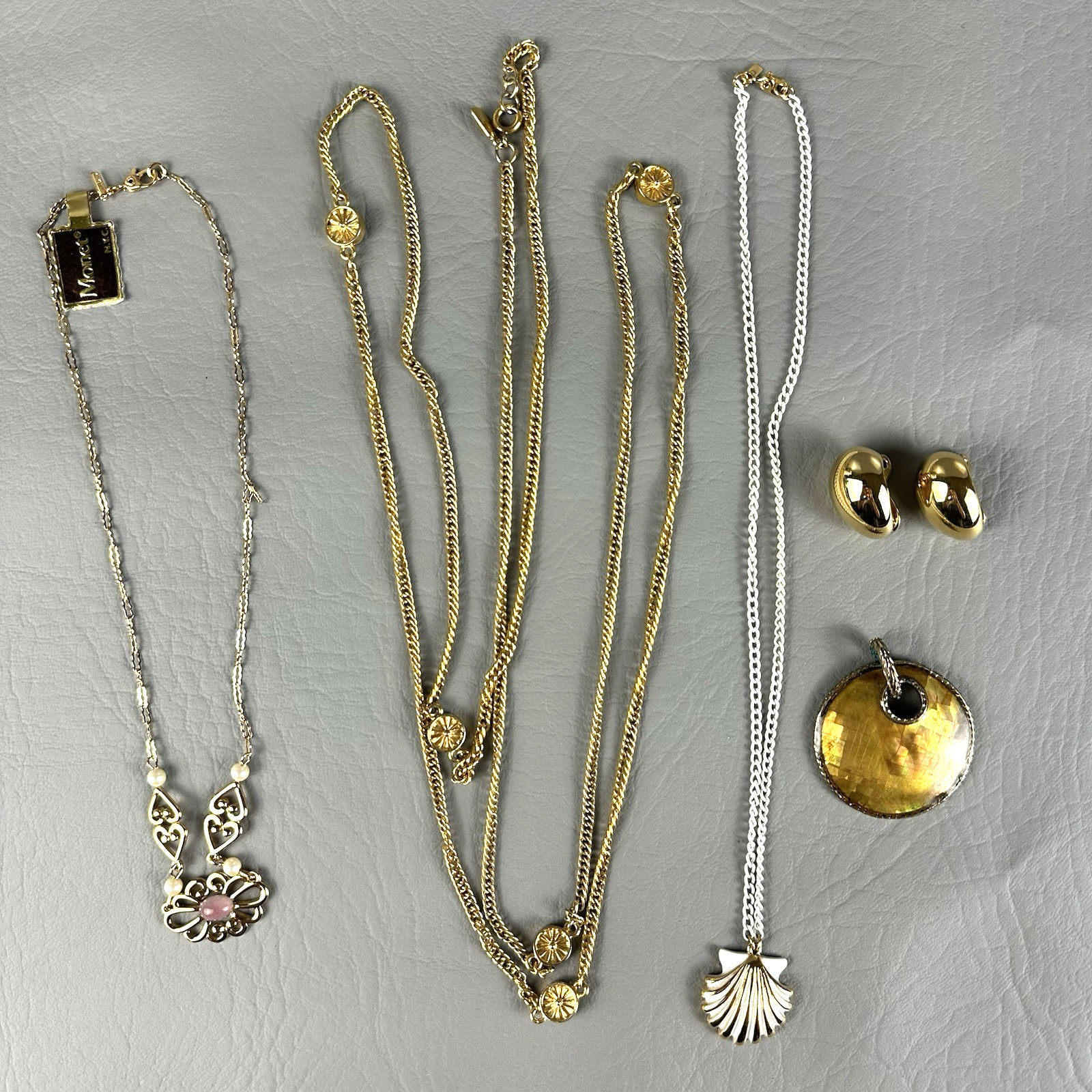Vintage Monet Jewelry Lot Necklaces Clip Earrings Gold Tone Shell Pendant