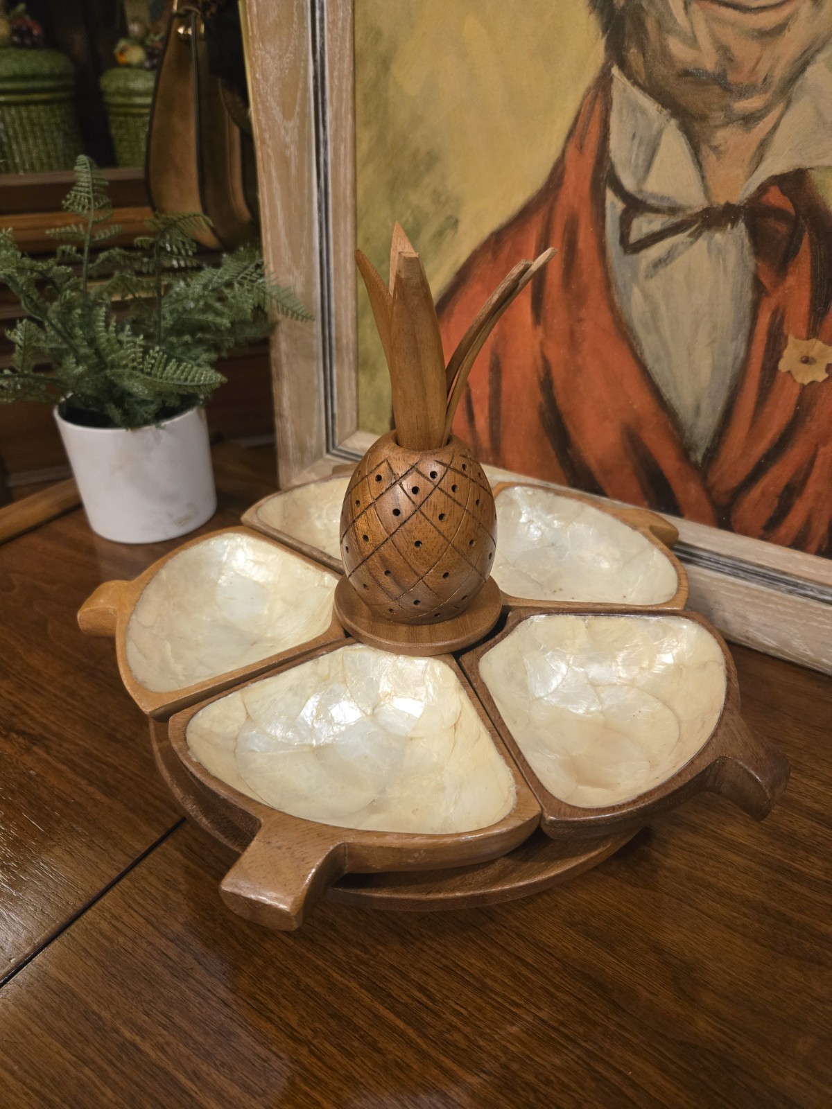 Vintage MCM Large Monkey Pod Lotus Bowl Set Teak Wood Serving Platter Lazy Susan