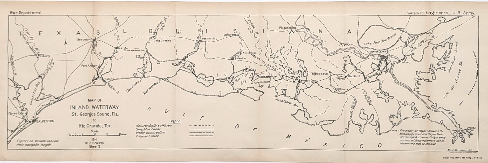 1914 TEXAS - LOUISIANA Coast Map INLAND WATERWAYS - GALVESTON - NEW ORLEANS 1914 TEXAS - LOUISIANA Coast Map INLAND WATERWAYS - GALVESTON - NEW ORLEANS