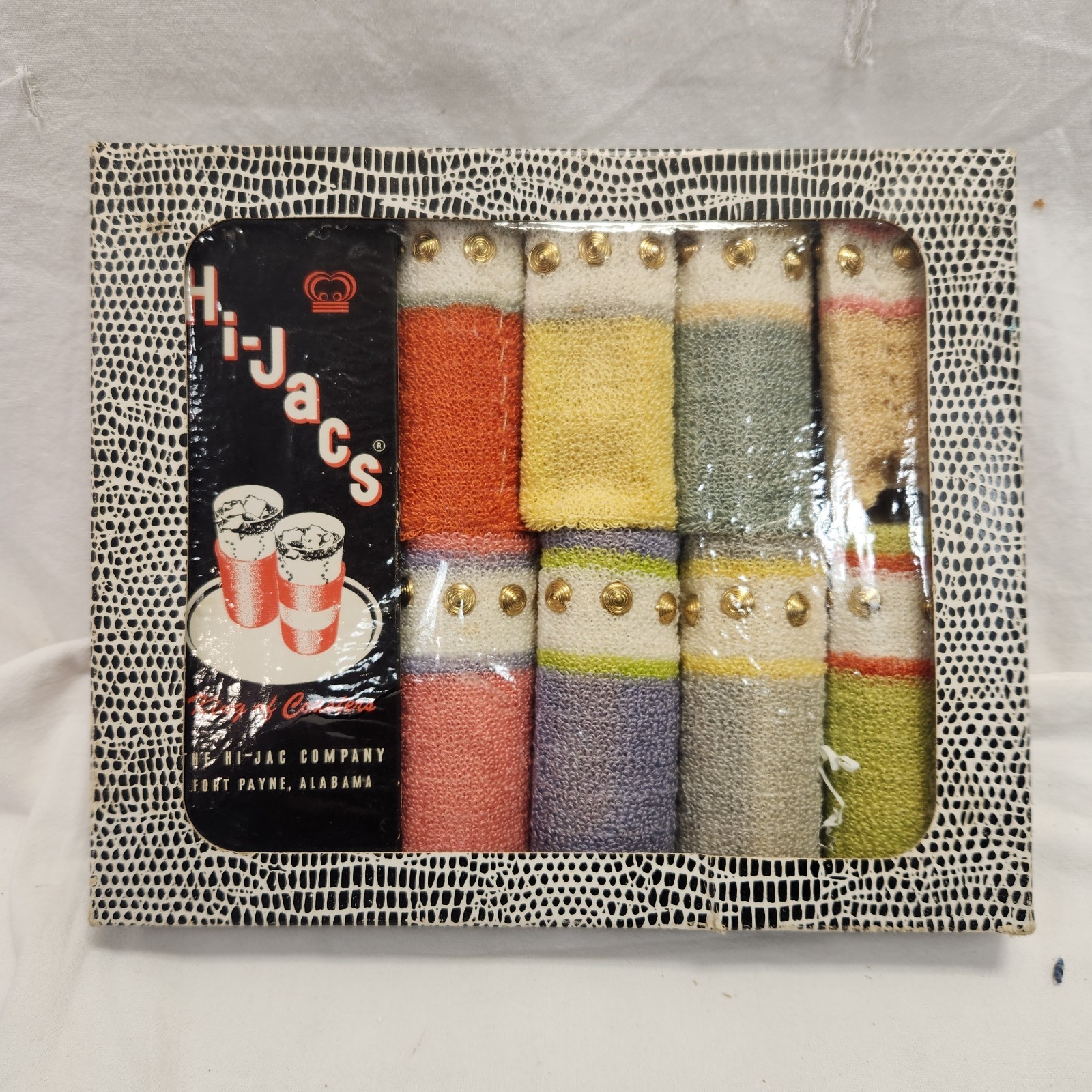 Vtg HI-JACS King of Coasters Set of 8 Stretch Drink Coozies W/Bedazzle & Box Vtg HI-JACS King of Coasters Set of 8 Stretch Drink Coozies W/Bedazzle & Box