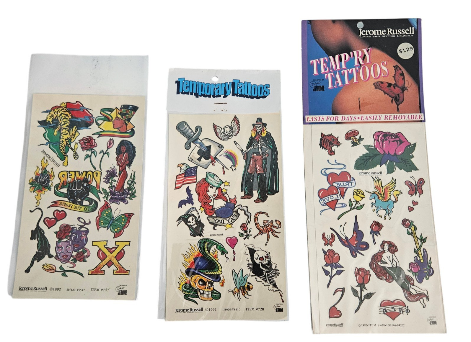 Vintage 1992 90s Jerome Russell Temporary Tattoos Skulls Roses Variety Lot Of 3 Vintage 1992 90s Jerome Russell Temporary Tattoos Skulls Roses Variety Lot Of 3