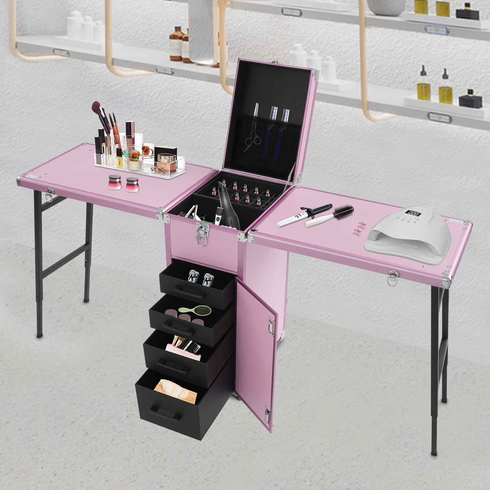 Pink Portable Nail Table Desk Foldable Rolling Manicure Station with Storage
