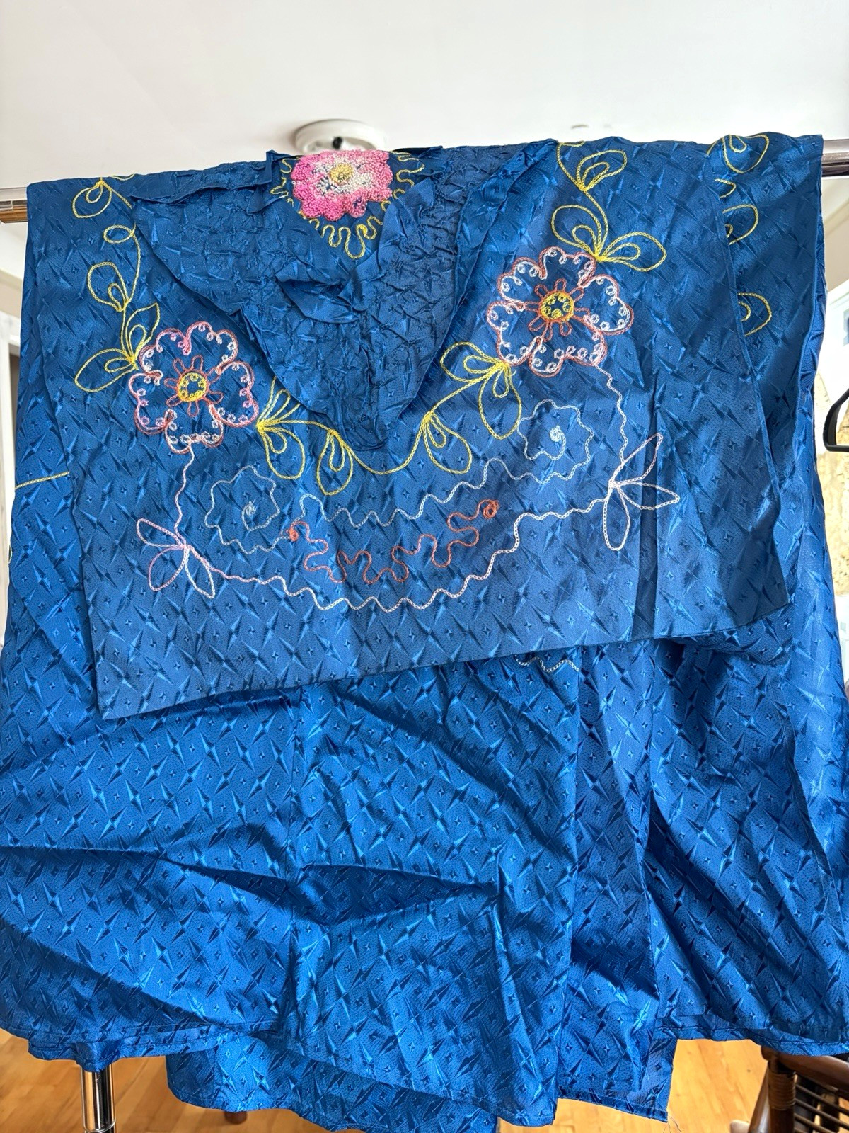 Blue Vintage Antique Silk Satin Embroidered Textile (100 x 95”) , 2 Pillow Cases Blue Vintage Antique Silk Satin Embroidered Textile (100 x 95”) , 2 Pillow Cases