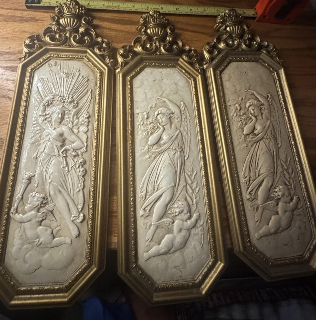 RARE Vintage 1967 Angel and Cherubs Wall Art with Gold tone frames Set of 3 RARE Vintage 1967 Angel and Cherubs Wall Art with Gold tone frames Set of 3