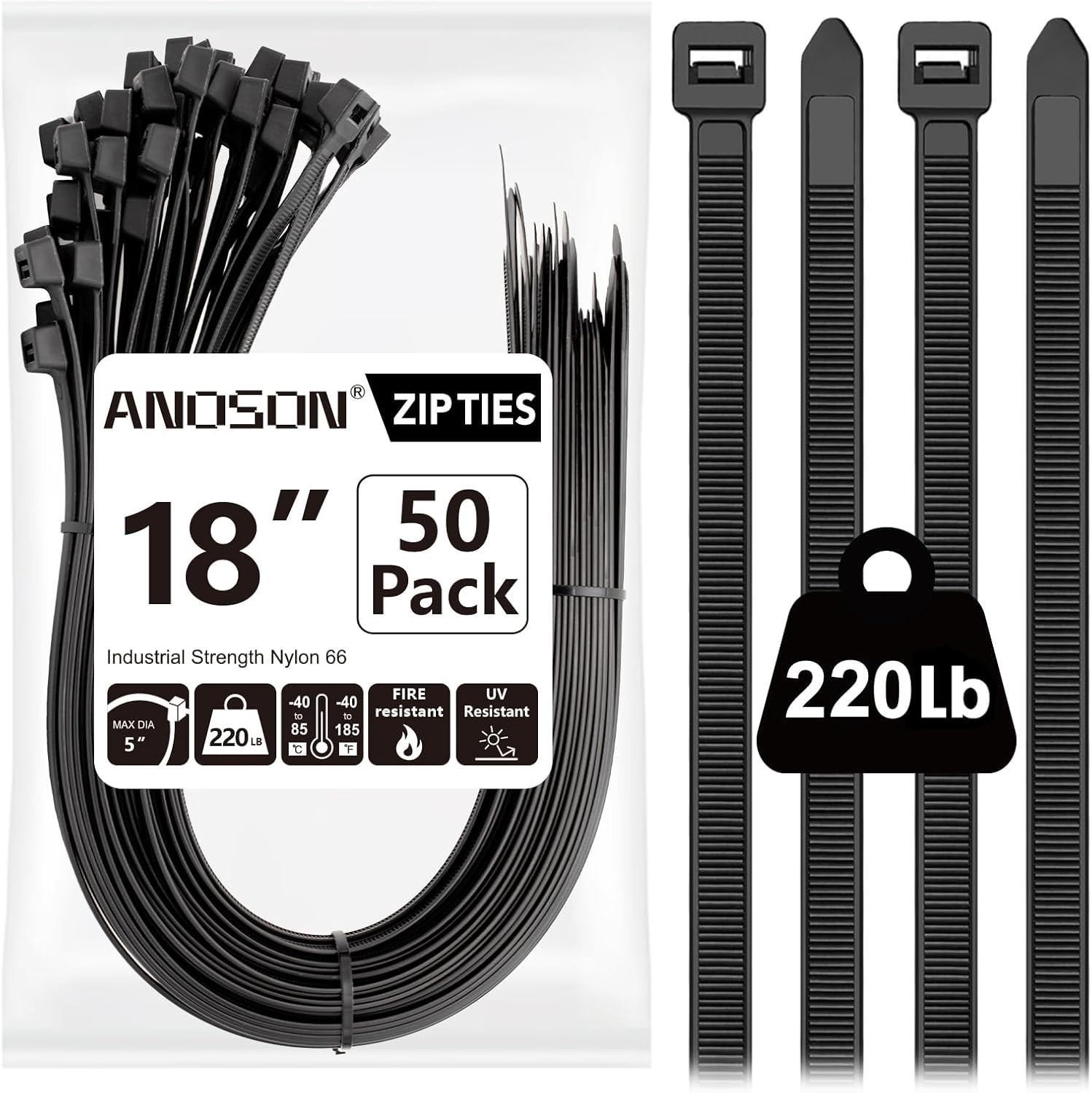 Large Zip Ties 18 Inch, 50 Pack, Long Zip Ties Heavy Duty with 220 Lb Tensile St