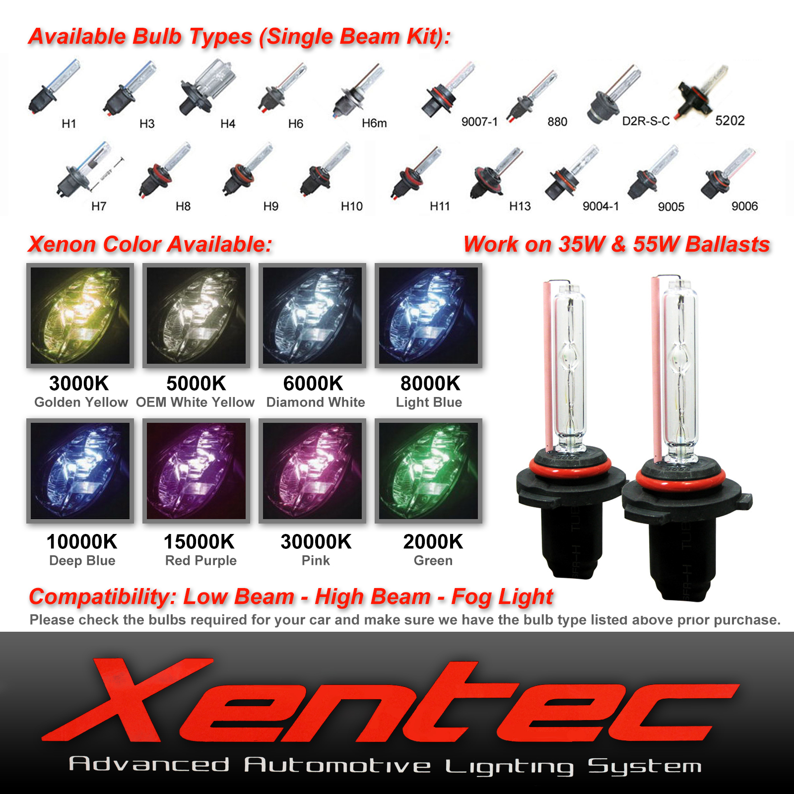 Xentec Two 35W 55W HID Kit Xenon Light Replacement light bulbs H1 H4 H7 H11 9006