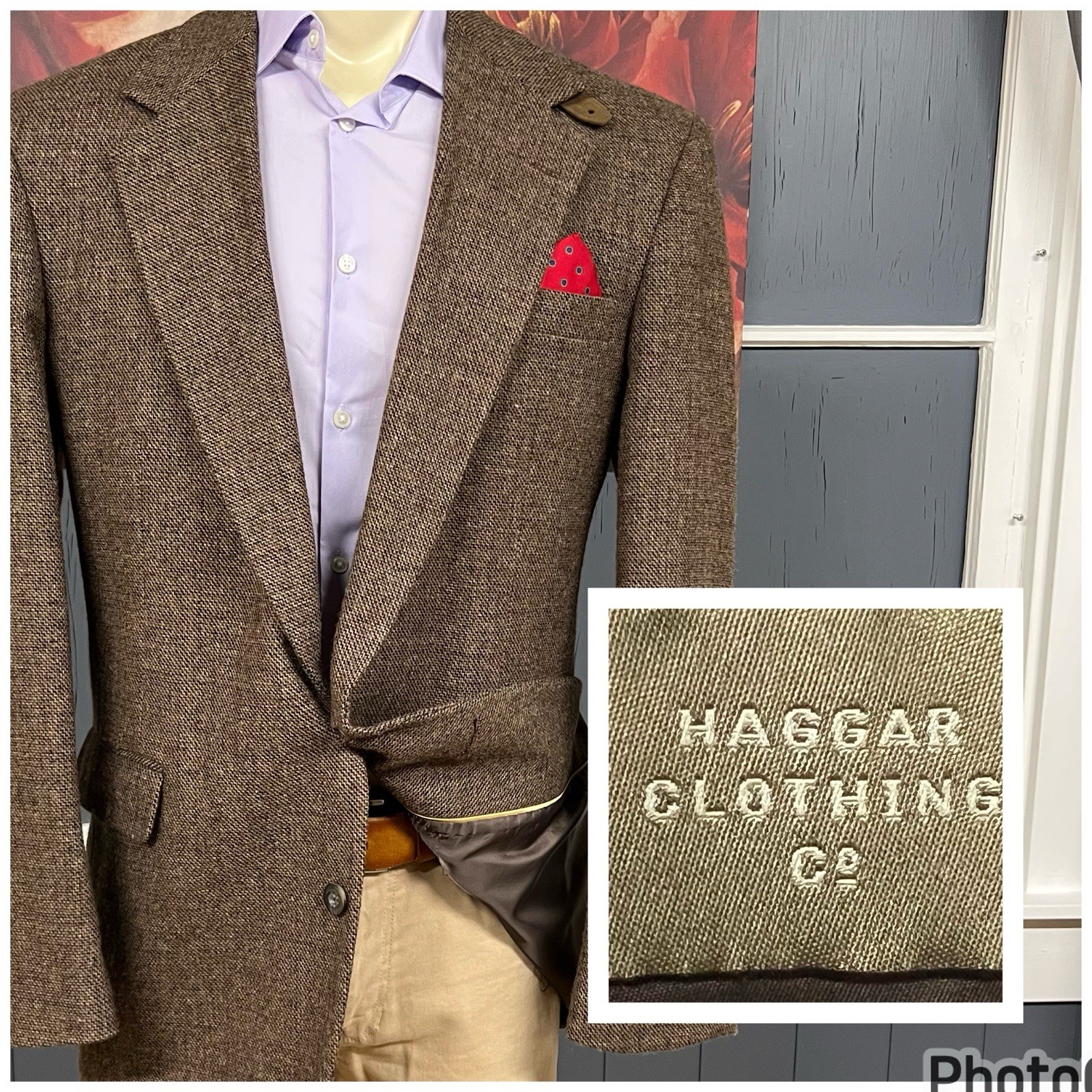 Vintage Haggar Tweed Blazer Sport Coat Mens 44L Long Wool Brown Chevron