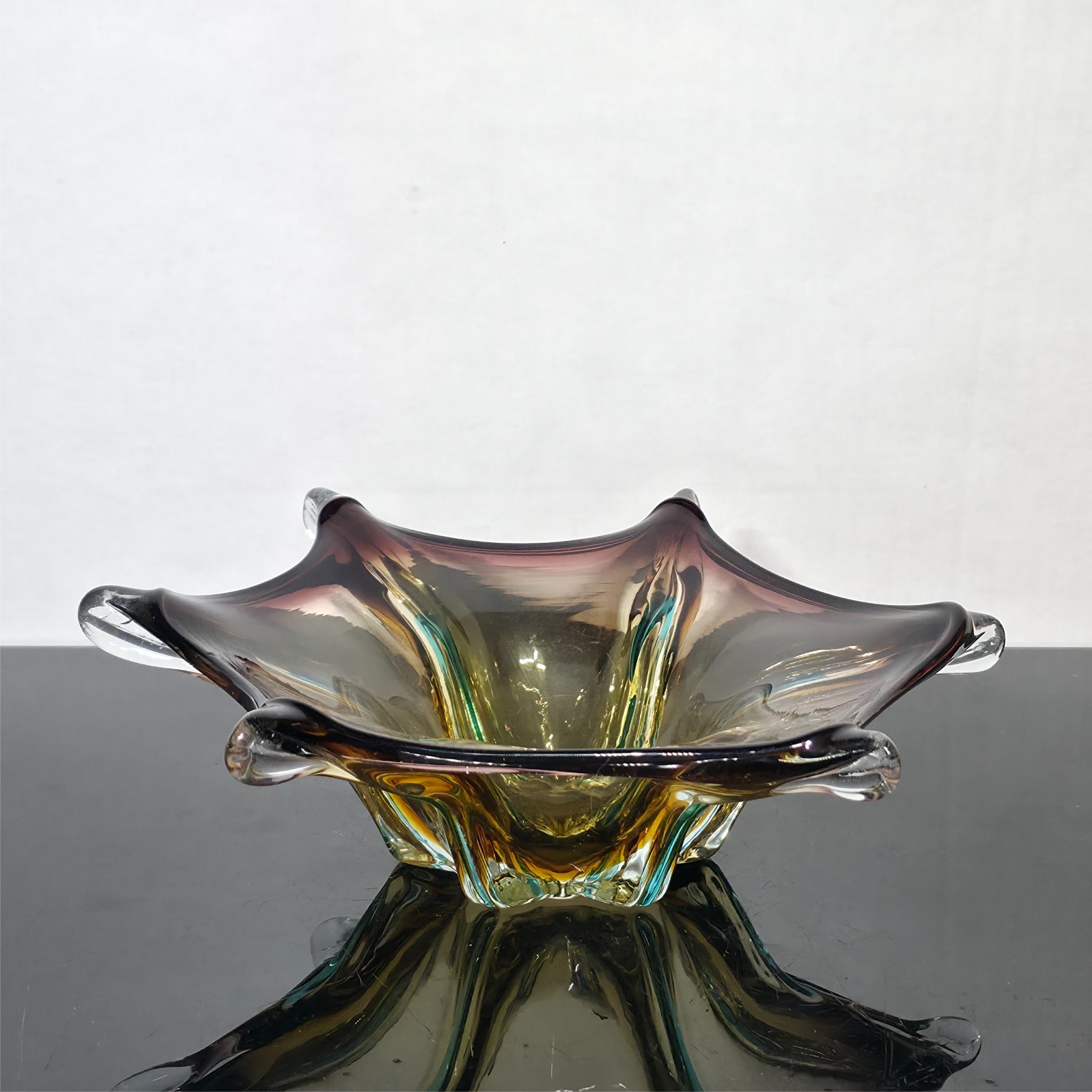 Murano Italian Art Glass Amethyst Amber Ruffled Centerpiece Bowl