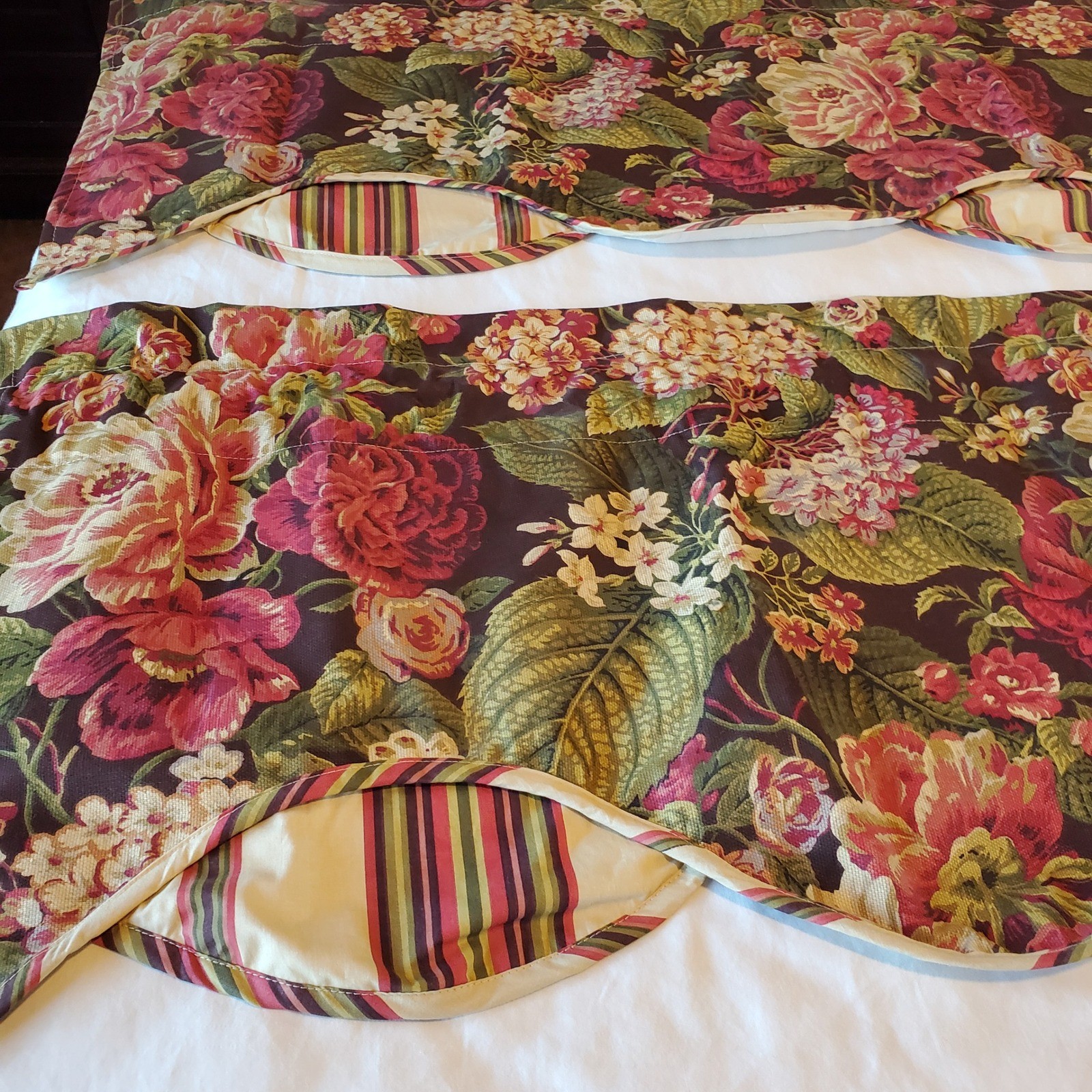 Waverly Floral Scalloped Valance Set 2 Burgundy Pink Green Cotton 57x17 Striped