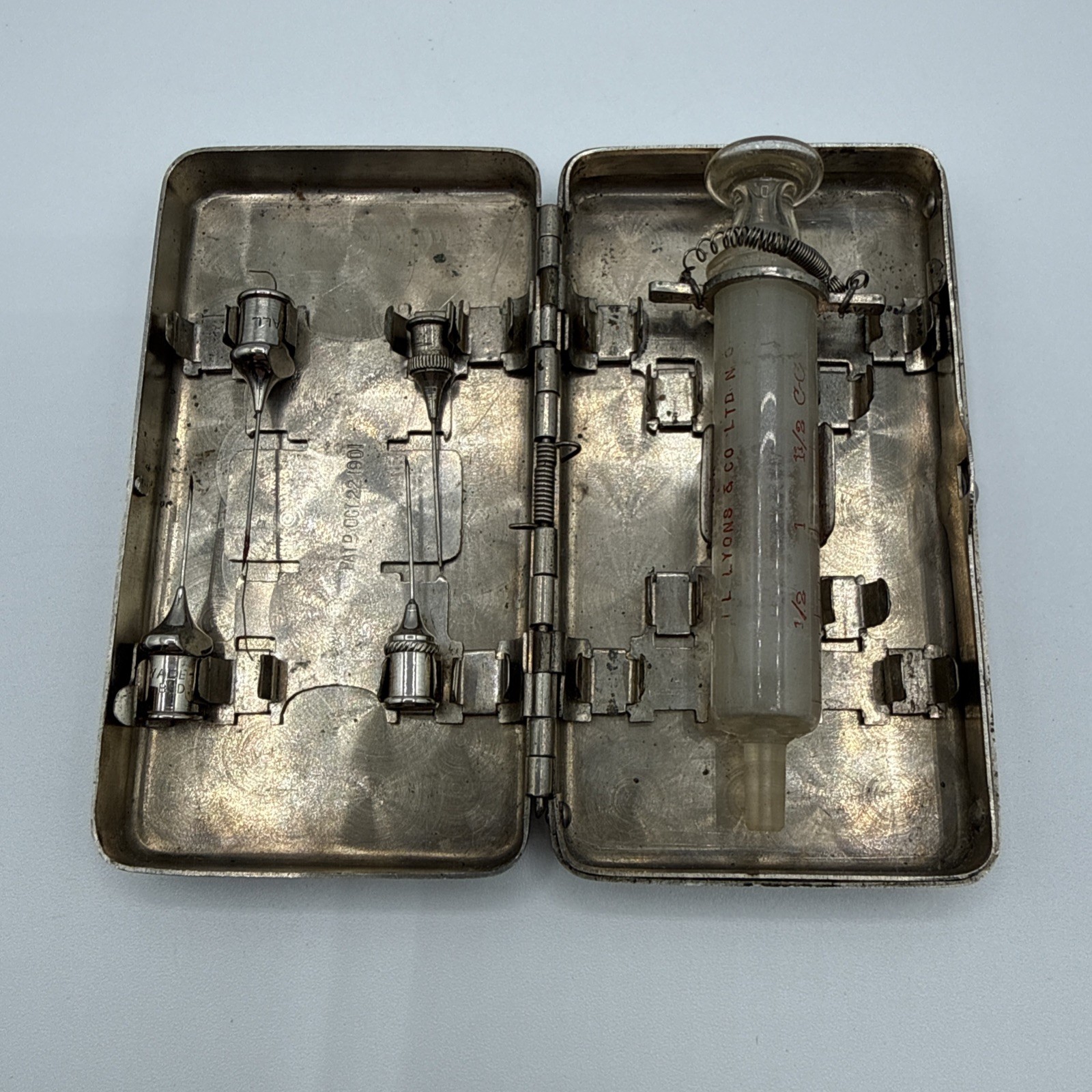 Antique c1901 German Silver Hypodermic Syringe Medical Kit Patent Oct 22 1901